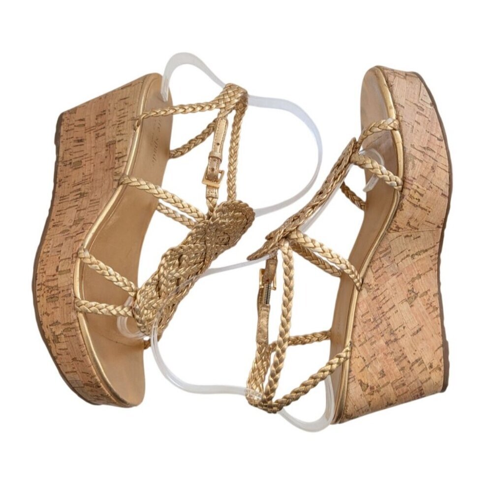 Kate Spade New York Becca Gold Braided Leather Cork Platform Wedge Sandals Sz 8 - Picture 6 of 10